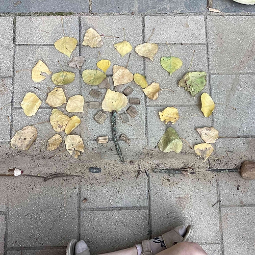 Auf dem Bild sind Blätter und Äste auf dem Boden so ausgelegt, dass ein Bild von einem Baum entstanden ist